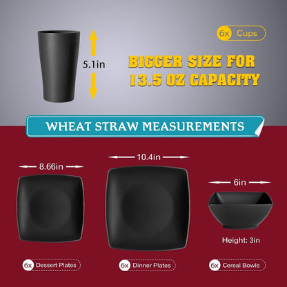 24-Piece Plates and Bowls Sets for 6, Black Square Dinnerware Sets2