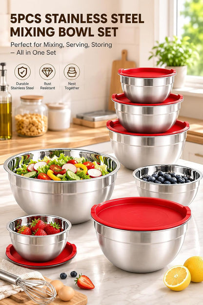 Stainless Steel Mixing Bowl Set with Lids, 5PCS Kitchen Food Prep Bowls2