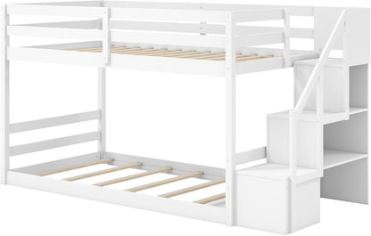 Twin over Twin Bunk Bed with Stairs, Solid Wood Floor Bunk Bed with Storage Staircase & Full-Length Guardrails, Low Bunk Bed with for Kids, Teens, Adults, Dorm, Small Space, White9