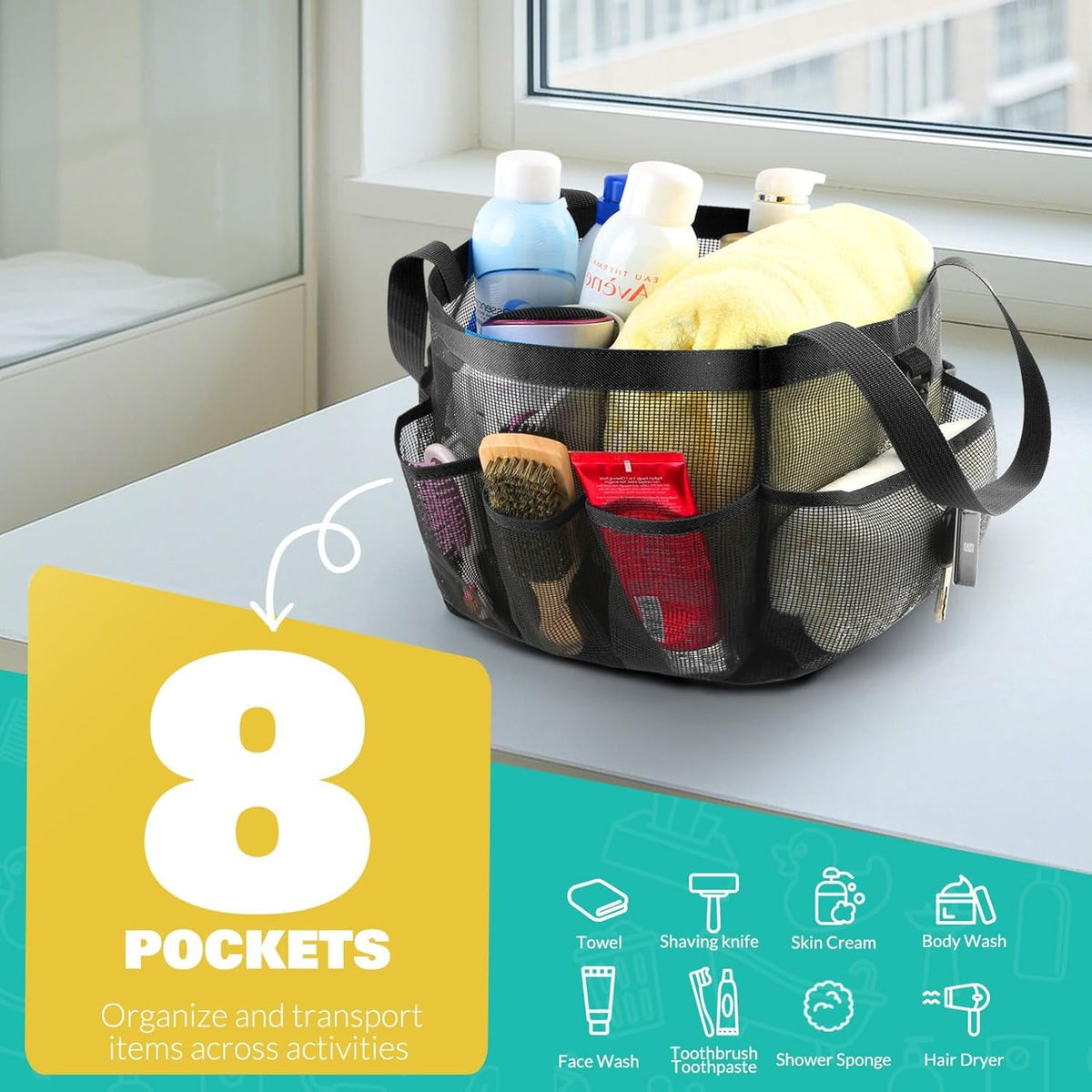 mesh-shower-caddy-portable-for-college-dorm-room-essentials-with-8-pockets-shower-bag-for-beach-swimming-gym-travel-bathroomblack