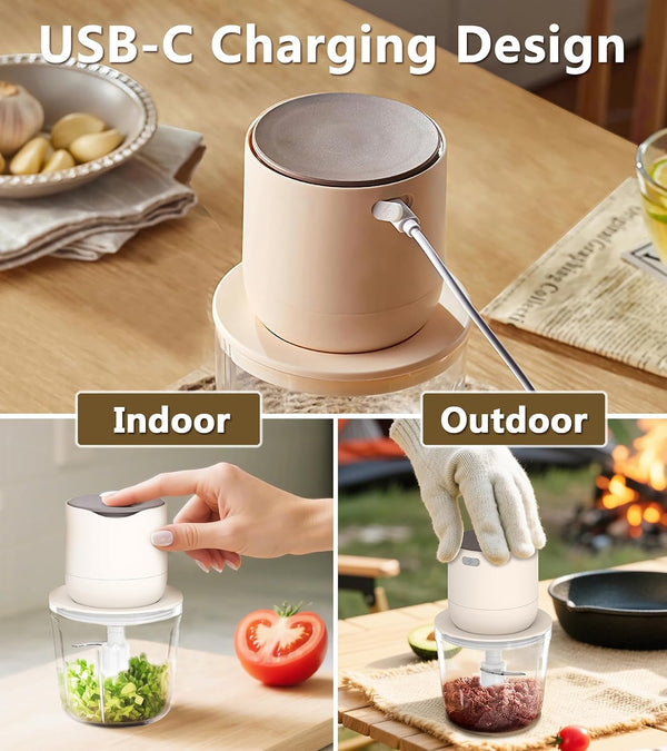 600Ml Glass Cordless Food Chopper, Wireless Food Processor W/ 3 Sharp Blade | USB-C Rechargeable Battery Powerful Motor, Small Garlic Vegetable Chopper, Electric Meat Blender Grinder, Portable Mini Mixer3