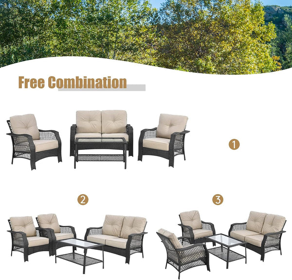 4 Pieces Outdoor Patio Furniture Set, Patiojoy PE Wicker Conversation Sofa Set with Tempered Glass Coffee Table, Sectional Rattan Patio Sofa Set for Garden, Backyard, Poolside (Beige)6