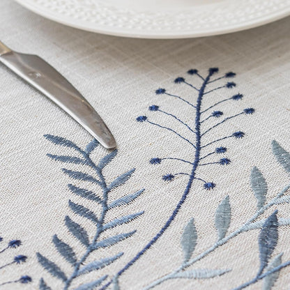 Rustic Waterproof Linen round Tablecloth, Heavy Weight Fern Embroidery Table Cloths for round Tables, Farmhouse Spill-Proof Table Covers with Tassels, Blue, 55 Inch7