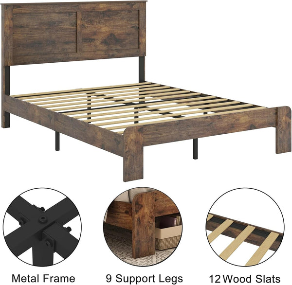 Wood Queen Size Bed Frame with Headboard and Footboard, Dark Brown5