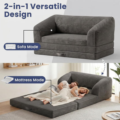 Loveseat 51 Inch, 2-In-1 Convertible Tri-Folding Sofa Bed with Thick Backrest & Carry Handle, Gray Foldable Couch Bed Lounger Sleeper Sofa for Living Room, Guest Room, Soft Corduroy4