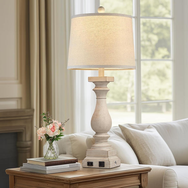 28" Tall Farmhouse Table Lamps Set of 2 with USB C+A Ports and AC Outlet, 3 Way Touch Control Rustic Bedside Lamp for Bedroom, Beige Vintage Nightstand Lamp for Living Room Office6