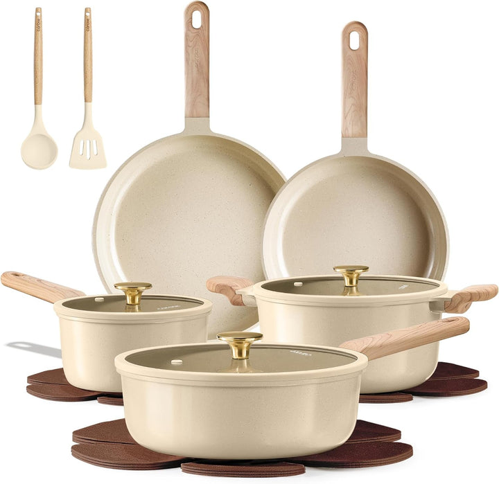 Pots and Pans Set, Ceramic Cookware Set, 14Pcs | Healthy Induction Kitchen Set, with Silicone Lids, Easy Clean, Even Heating, Space Saving, PFAS FREE
