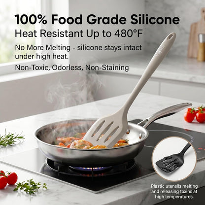 Silicone Kitchen Utensils Set, 10PCS Heat Resistant Utensils, Khaki7
