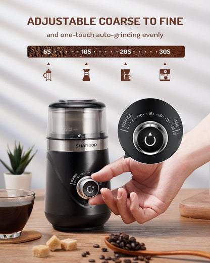 Electric Super Silent Blade Coffee Grinder, Timed Grind Control Rotary Knob, Adjustable Coarse to Fine for Coffee Beans, Spices & Herbs, with 1 Removable Stainless Steel Bowl, Black2