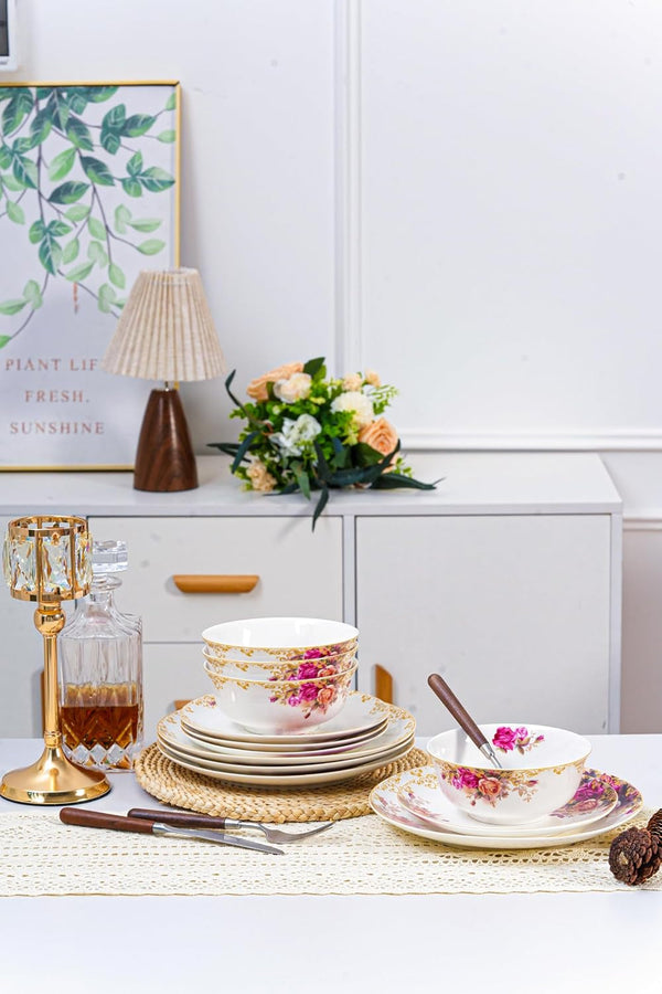 12 Piece Dinnerware Sets for 4, White Porcelain Gold Rim, Formal Dining8