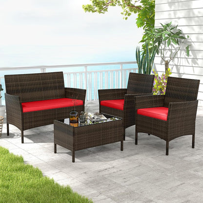 4 Pieces Patio Furniture Set Outdoor Rattan Conversation Set, Wicker Loveseat & Chairs with Tempered Glass Coffee Table, Sectional Sofa Set for Backyard Garden Poolside3