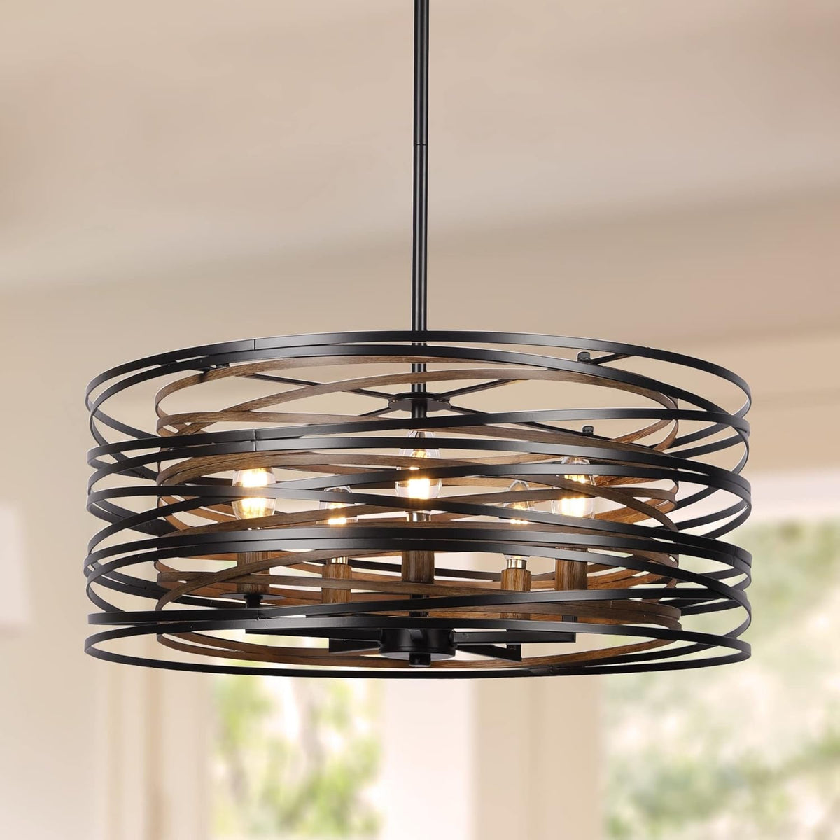 19-7-farmhouse-dining-room-light-fixture-5-light-metal-drum-chandelier-black-with-retro-wood-texture-interior