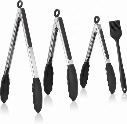 Kitchen Tongs for Cooking, 3 Tongs 7", 9", 12" + Oil Brush, Heat Resistant 600°F, Non-Slip Silicone Tips, Heavy Duty Metal Locking Tongs, Black, Salad, BBQ Grill, Pasta Silicone Tongs, Dishwasher Safe1