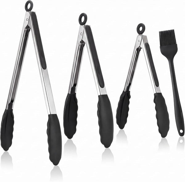 Kitchen Tongs for Cooking, 3 Tongs 7", 9", 12" + Oil Brush, Heat Resistant 600°F, Non-Slip Silicone Tips, Heavy Duty Metal Locking Tongs, Black, Salad, BBQ Grill, Pasta Silicone Tongs, Dishwasher Safe1