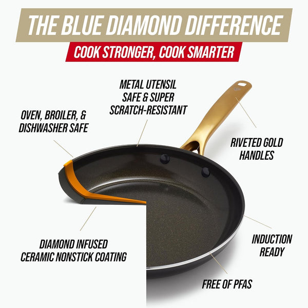 14 Piece Induction Nonstick Cookware Set, Diamond Infused Pfas-Free Ceramic Nonstick Pots & Pans, Durable Metal Utensil Safe, Dishwasher Safe, Oven & Broiler to 600F, Black/Gold5