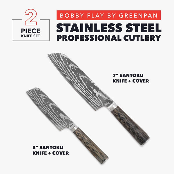 X Bobby Flay 5” & 7” Santoku Knife Set, Premium Stainless Steel Blades, Precision Cutting Kitchen Tools, Ultra-Sharp Cutlery, Hand Finished Ergonomic Wood Handle, Damascus Steel Design4