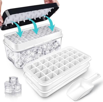Ice Trays for Freezer with Lid & Bin, Ice Cube Tray Making 64 Pcs Ice Cubes, Easy Press to Release Ice, Ice Tray with Storage Bin Chilling Cocktail Whiskey Coffee 2 Trays 1 Ice Bucket & Scoop (Black)1