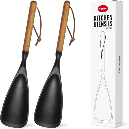 2-Pack Silicone Spoonula with Wooden Handle, Bpa-Free Spatula Spoon for Nonstick Cookware, Heat Resistant Cooking Spoon for Mixing, Scraping, Scooping and Serving(Black)1