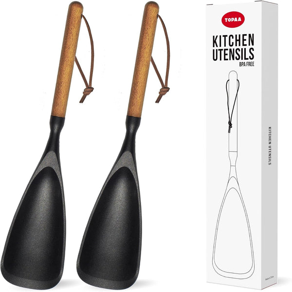 2-Pack Silicone Spoonula with Wooden Handle, Bpa-Free Spatula Spoon for Nonstick Cookware, Heat Resistant Cooking Spoon for Mixing, Scraping, Scooping and Serving(Black)1