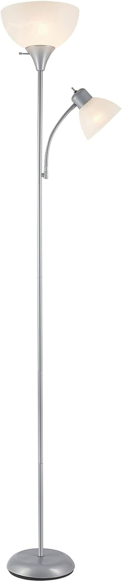 67134 72" Torchiere Floor Lamp and Adjustable Reading Light, Silver, Frosted Shade, Dual Rotary Switch, 3-Step Dimming, Modern Lighting for Living Room or Office, Timeless4
