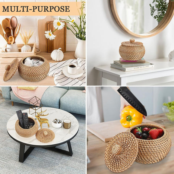 round Rattan Basket Box with Lid Wicker Storage Baskets Bin, X-Small5