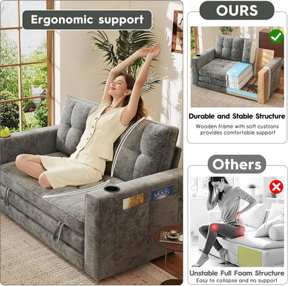 55" Convertible Folding Sofa Bed, Pull Out Couch Love Seat Sleeper Bed, Small Fold Out Loveseat Sleeper with Cup Holder and Pillow for Small Space, Bedroom Lounge, Dorm, Living Room(Grey Chenille)3