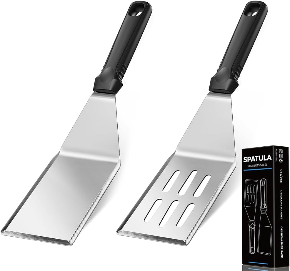 11-8-in-18-0-stainless-steel-spatulas-silicone-non-slip-handle-brushed-metal-spatula-set-for-kitchen-use-cast-iron-skillet-bbq-frying-griddle-pack-of-2