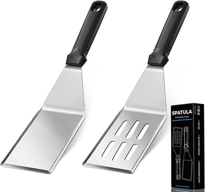 11.8-In 18/0 Stainless Steel Spatulas, Silicone Non-Slip Handle, Brushed Metal Spatula Set for Kitchen Use Cast Iron Skillet, BBQ Frying Griddle, Pack of 21