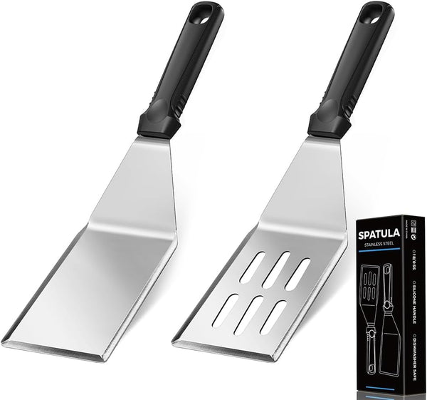 11.8-In 18/0 Stainless Steel Spatulas, Silicone Non-Slip Handle, Brushed Metal Spatula Set for Kitchen Use Cast Iron Skillet, BBQ Frying Griddle, Pack of 21