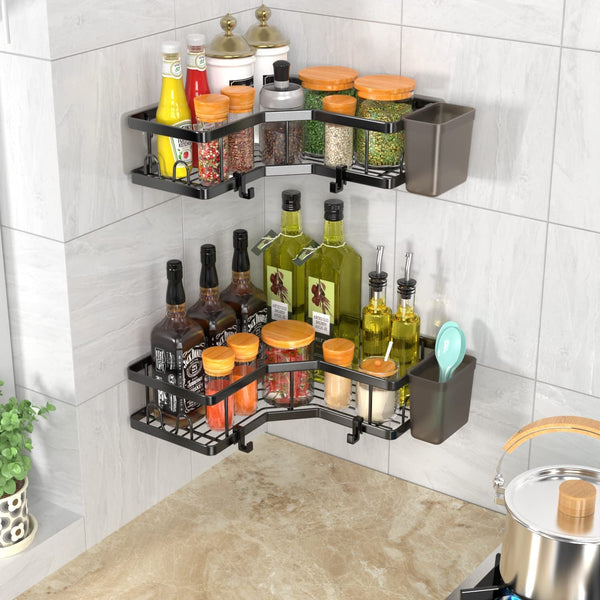 Corner Shower Caddy, 2 Pack Adhesive Shower Corner Organizer Shelves, No Drilling Stainless Steel Shower Storage Rack with Hooks&Toothpaste Holder for Bathroom Kitchen （For 90° Corners Only）7