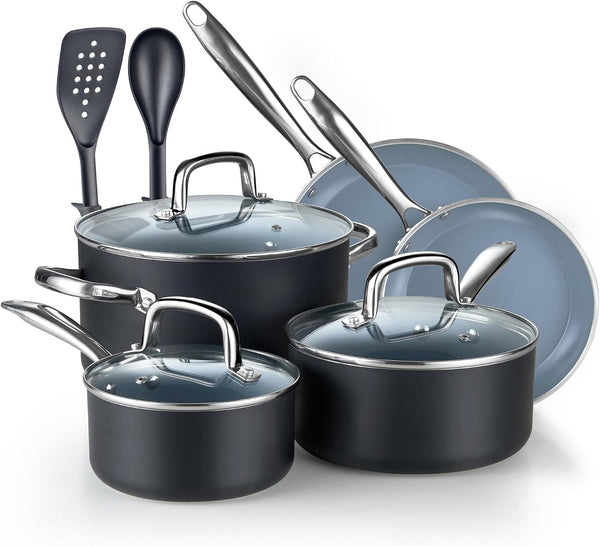 Classic Pots and Pans Nonstick Ceramic Kitchen Cookware Sets Include Saucepan, Frying Pans, Stockpot with Lids, Nylon Utensils, Heavy Gauge, 10-Piece, Black1