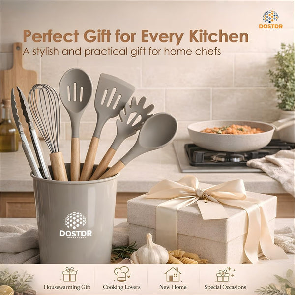 12 Piece Silicone Kitchen Cooking Spoon Set Wooden Handle & Holder - Small9