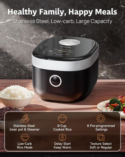 Low Carb Rice Cooker 10 Cup Stainless Steel Inner Pot | Rice Cooker with Steamer Basket, Pfas-Free, Dishwasher Safe,24H Delay Timer, Auto Keep Warm Feature, for Big Kitchen2