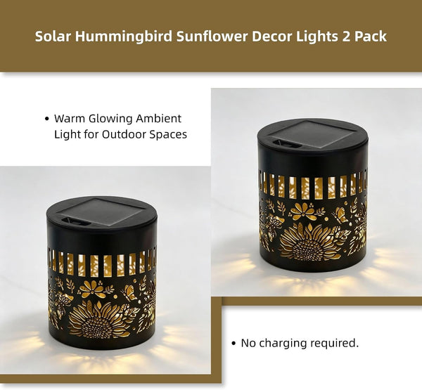 Solar Outdoor Fence Lights Decoration 2 Pack, Solar Wall Step Deck Lights Outdoor Garden Decor with Hummingbird Sunflower Theme for Yard Art Porch Patio Backyard Decor, Gifts for Mom Women2