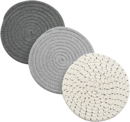 Potholders Set Trivets Set 100% Pure Cotton Thread Weave Hot Pot Holders Set (Set of 3) Stylish Coasters, Hot Pads, Hot Mats,Spoon Rest for Cooking and Baking by Diameter 7 Inches (Gray)1