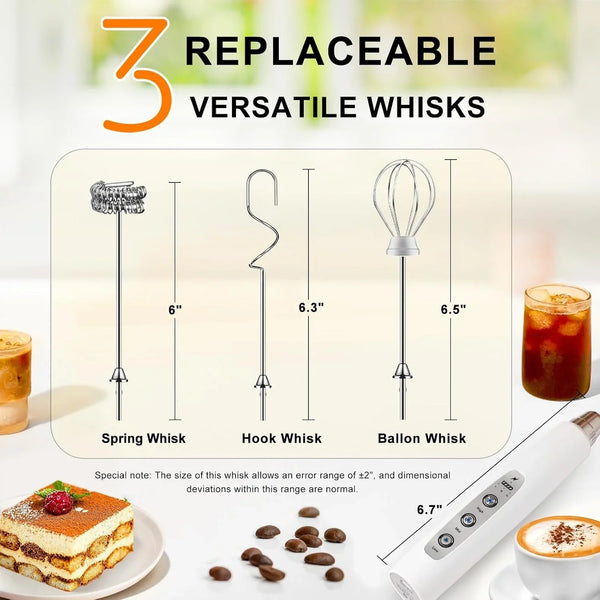 Handheld Milk Frother Wand for Coffee, Rechargeable Electric Whisk with 3 Heads 3 Speeds Drink Mixer Coffee Frother for Latte, Cappuccino, Hot Chocolate, Egg, White6