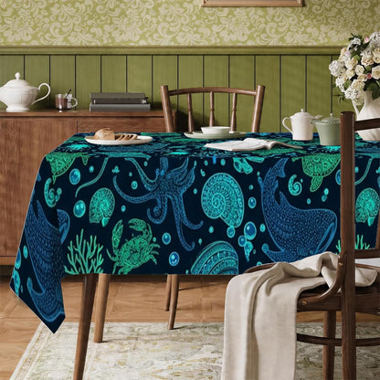 Octopus Rectangle Table Cloth, Nautical Fanciful Shell Coral Summer Teal Stain Resistant Washable Table Linens Party Supplies for Kitchen Banquet Picnic Camping 60X86 Inch1