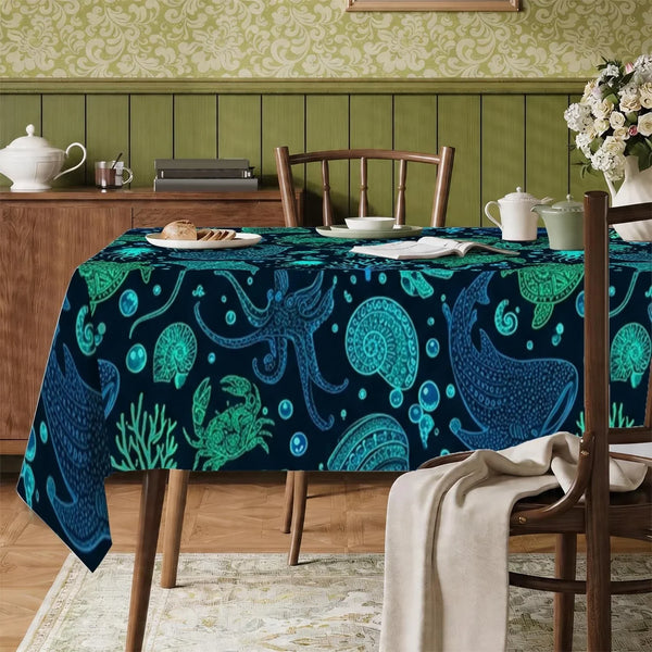 Octopus Rectangle Table Cloth, Nautical Fanciful Shell Coral Summer Teal Stain Resistant Washable Table Linens Party Supplies for Kitchen Banquet Picnic Camping 60X86 Inch1