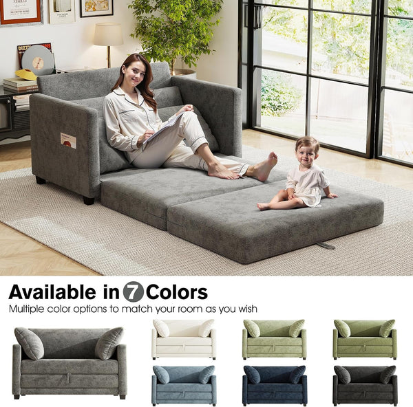 51" Loveseat Sleeper Sofa Bed, Chenille Convertible Floor Sofa Bed for Small Spaces, Folding Couch Bed with Deep Seat, 2 Pillows & Solid Frame, Pull Out Floor Couch for Living Room, Grey6