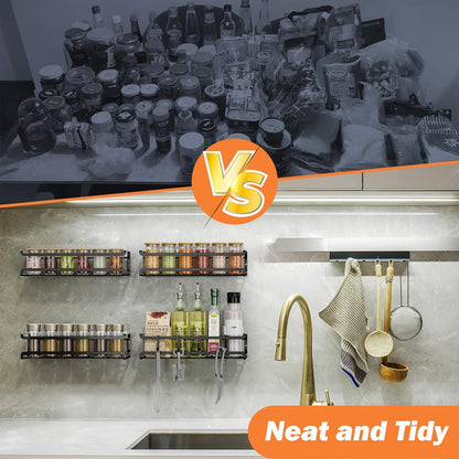 Spice Rack Wall Mounted 4 Pack, for Spice Jars & Seasonings,Black | 4 Removalble Hooks,Screw or Adhesive Hanging, Space-Saving,For Kitchen Cabinet, Pantry Door,Stove,Rv Use,11.41X2.75X2.75In5