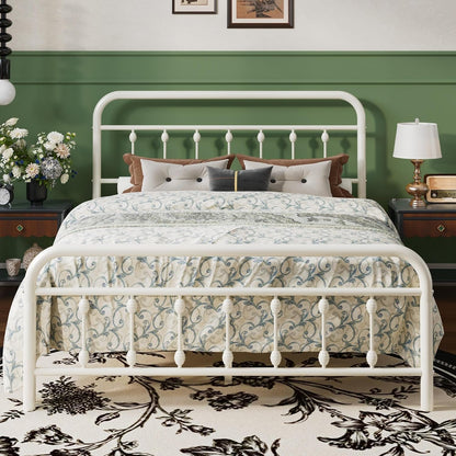 Full Metal Bed Frame with Victorian Iron-Art Headboard, Cream1