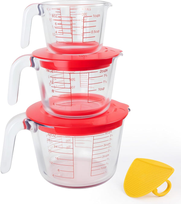 6 Pcs Glass Measuring Cups Set with Lids (Strainer Included) - 1-Cup/2-Cup/4-Cup Nesting Jugs with Easy-Grip Handles, Kitchen Liquid Measuring1
