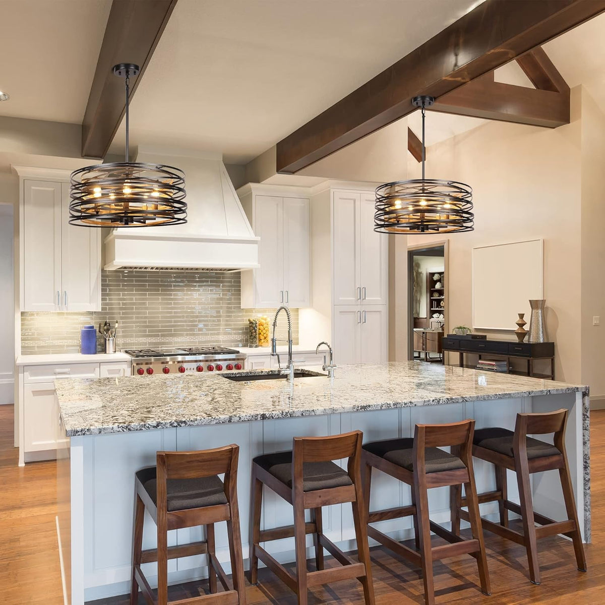 19-7-farmhouse-dining-room-light-fixture-5-light-metal-drum-chandelier-black-with-retro-wood-texture-interior