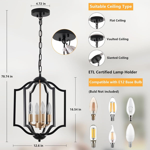 Black and Gold Chandelier Light Fixture, 4-Light Farmhouse Chandelier Dining Room Light Fixtures Rustic Hanging Small Entryway Pendant Light for Kitchen Island Foyer Living Room2