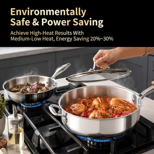 Stainless Steel Cookware Set, Full 5-Ply, 6-Piece | Full-Clad 3Mm 18/10 Stainless Steel, Glass Lids & Steamer, Induction Compatible, Oven Safe up to 800°F6