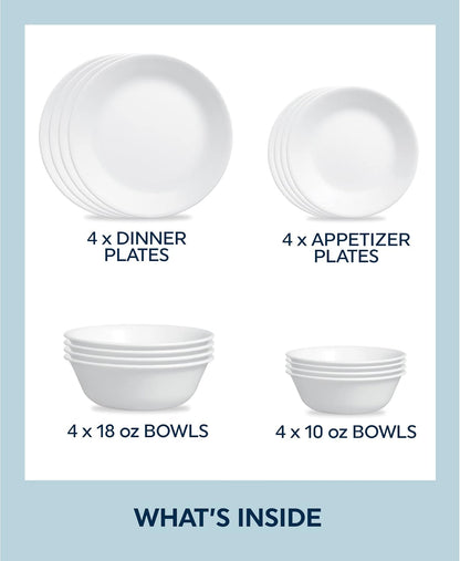 ZOID 3120NM Glass Glossy Mugless Dinnerware Set, White, 16 Pieces4