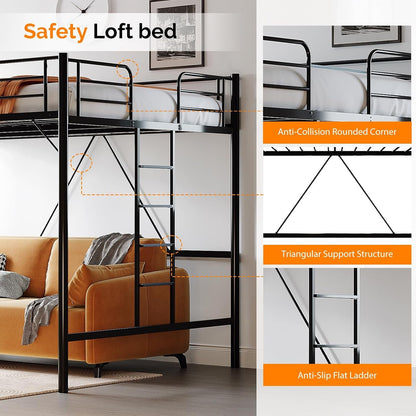 Queen Loft Bed with Flat Rungs for Adults, Kids and Young Teens, No Box Spring Required,Heavy Duty Metal Slat Support, Black7