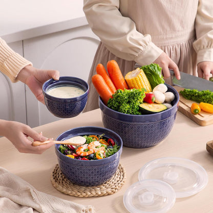 Ceramic Mixing Bowls 3-Piece: Nesting Ceramic Bowls with Lids - Microwave Safe for Kitchen Baking and Serving - Ideal for Home Bakers (Navy)4