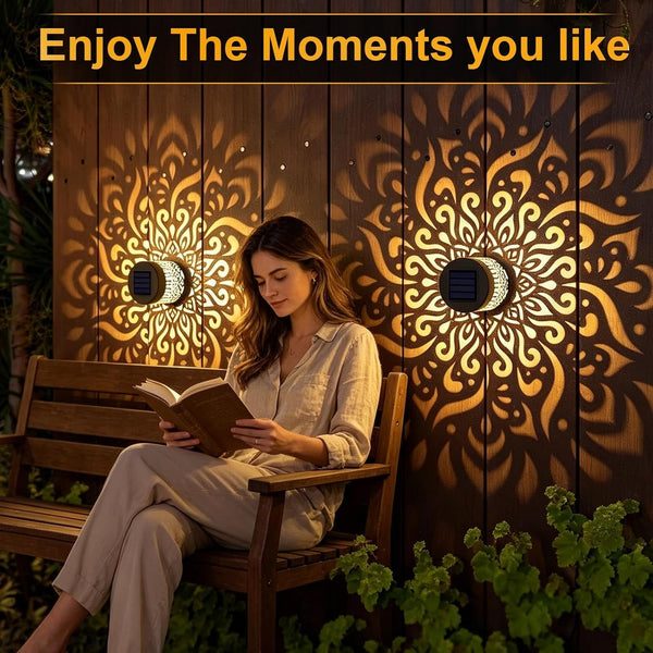 2 Pack Solar Mandala Lights Outdoor Wall, Fence Lights Solar Powered, Wall Light Projector Seven-Color Changing Waterproof for Hallway, Backyard, Patio, Garden Decor6