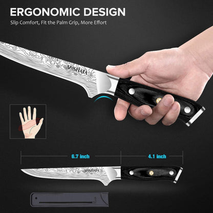 6" Boning Knife, Sharp Kitchen Cooking Knife with Finger Guard and Knife Sharpener, German High Carbon Stainless Steel EN1.4116 Chef’S Knife with Micarta Handle and Gift Box3